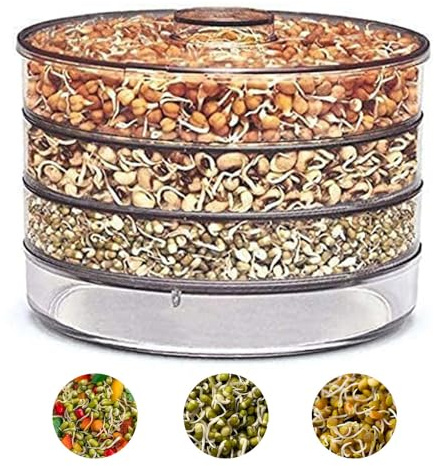 PANCA Sprout Maker with 4 Compartments for Multi Purpose Use Plastic Grocery Container Sprouted Grains Seeds Dal Channa Chole Ragi Organic Sprouting Jar, Beige