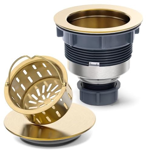BOTEMY Stainless Steel Gold Sink Drain Strainer 3-1/2'' Kitchen Sink Drain Assembly Kit with Removable Deep Sink Strainer Basket and Sink Stopper Flat Cover Replacement for Home Standard Kitchen Sinks