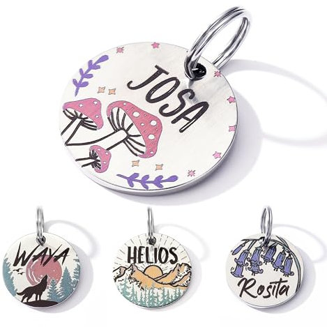Farbige Hundemarke mit Gravur, Personalisierte Hundemarke aus Edelstahl, Gravierte Hundeanhänger mit Name, Tiermarke für Hunde und Katzen, Hund Namensschilder für Halsband (Pilz)