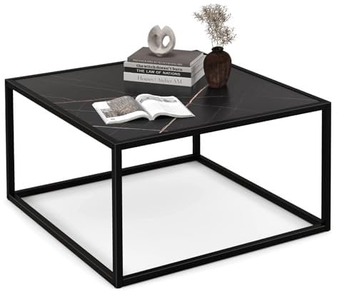 COSTWAY Square Coffee Table, Faux Marble Cocktail Center Tea Table, Metal Frame Wooden Accent End Sofa Side Table for Living Room, Bedroom and Office (Deep Crack Pattern, Black)