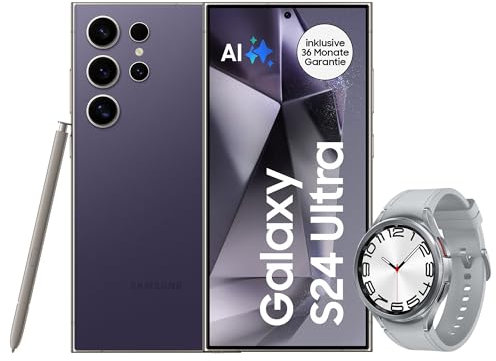 Samsung Galaxy S24 Ultra AI Smartphone, Android-Handy ohne Vertrag, 12GB RAM/512GB Speicher, 200-MP-Kamera, S Pen, Lange Akkulaufzeit, Titanium Violet + Galaxy Watch6 Classic Smartwatch, 47 mm, Silber