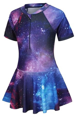 Aisyee Swimming Costume Girls Swimsuit Kids One Piece Short Sleeve Skirt Swimwear Girls Swim Dress Age 6-7 Years