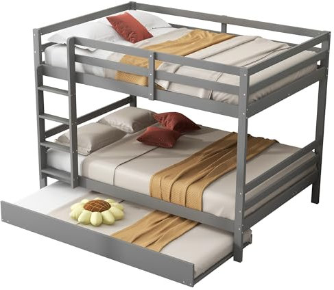 Azkoeesy Etagenbett 140 x 200 cm, mit Ausziehbett, mit Fallschutz und Gitter, mit Lattenrost, Doppelbett, Gästebett, für 5 Kinder und Erwachsene, max 120kg, Kiefernholz (Grau)
