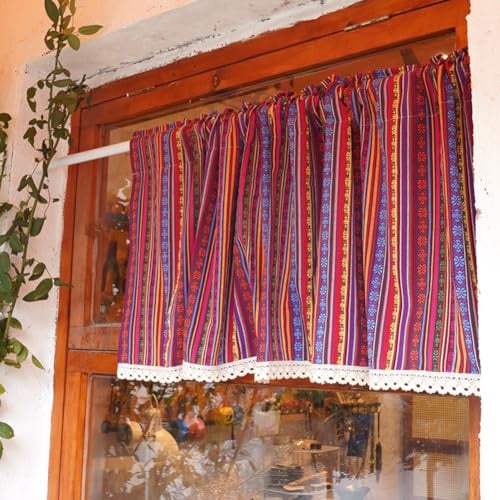 Ricemru Boho Bunt Scheibengardine Blickdicht 50cm Hoch mit Häkelkante Ethno Azteken Kurzstores Gardinen Bistrogardine Landhaus Verdunkelnd Kurzvorhang Fensterschal,140x50