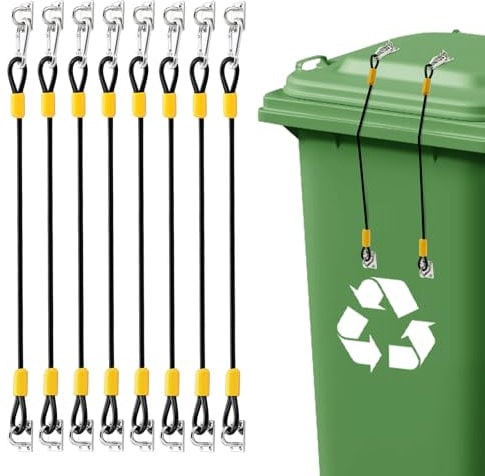 TOLIDA 8 Packs Universal Trash Can Lid Lock - Outdoor Trash Can Lid Metal Locks Kit, Rubber Coated Braided Wire Rope Dustbins Lid Lock Straps from Animals Rummaging, Wind and Spilling