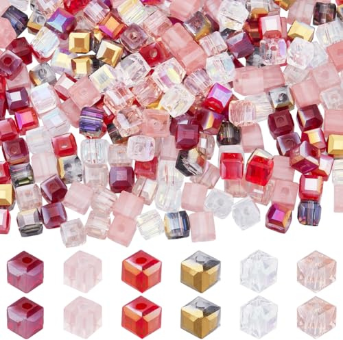 SUNNYCLUE 1 Box 300 Stück 6 Farben 4mm Glaswürfel Quadratische Kristallperlen Rot Transparent ab Farbig Plattiert Facettierte Lose Abstandsperlen Zur Schmuckherstellung Armbänder Halsketten DIY Baste