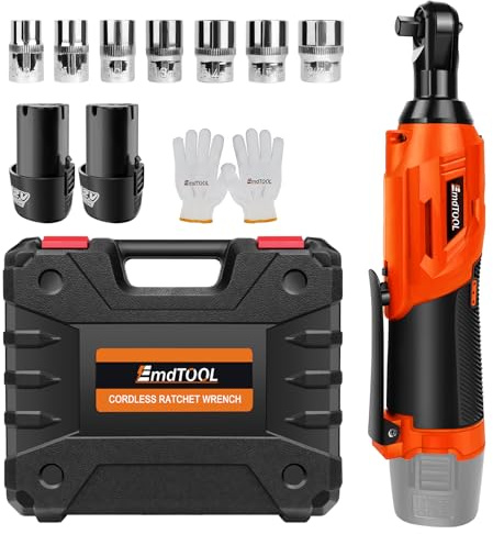 Mini Cordless Ratchet Wrench Set 40N.m 3/8 12V Power Electric Ratchet with 2-Pack 1500mAh Batteries and Charger Lightweight Rechargeable Ratchet Wrench Kit 7PCS Sockets ＆ LED Working Light, Orange
