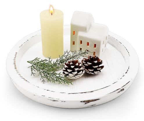 Candle Tray Candle Plate, Wooden Candle Holder Farmhouse Coffee Table Centrepiece Decorative Tray for Home Decor Table Decorations (Distressed White)