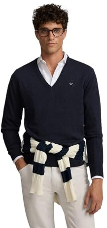 SILBON Jersey Liso Cuello Pico Retro Azul Marino para Hombre Talla L