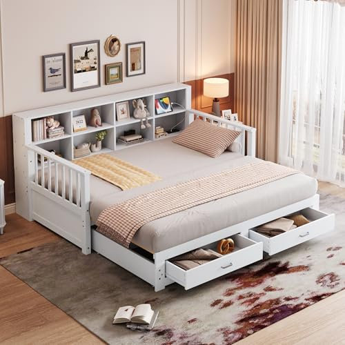 Kebnor Sofá cama extensible de madera maciza 90/180 x 190 cm, armario de almacenamiento con enchufe de carga en el respaldo lateral, con 2 cajones y somier, cama de pino multifuncional (blanco)