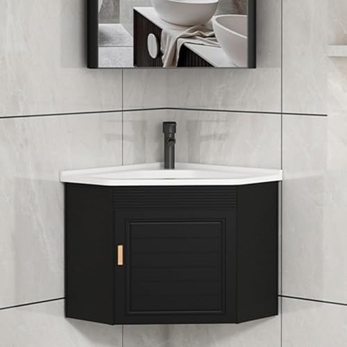 Pounjsd Modern Bathroom Corner Cabinet Vanity 38×38cm, Small Ceramic Laundry Tub Sink Combo, Wall Mount Vessel Sink, Black Ceramic Bathroom Basin, Waterproof Storage Cabinets for Home Kitchen Patio