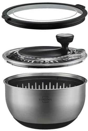 SILBERTHAL Salatschleuder Edelstahl mit Deckel 4,5l groß & rutschfestem Boden - Salad Spinner mit Kurbelantrieb & Stopptaste - BPA-frei & Spülmaschinenfest