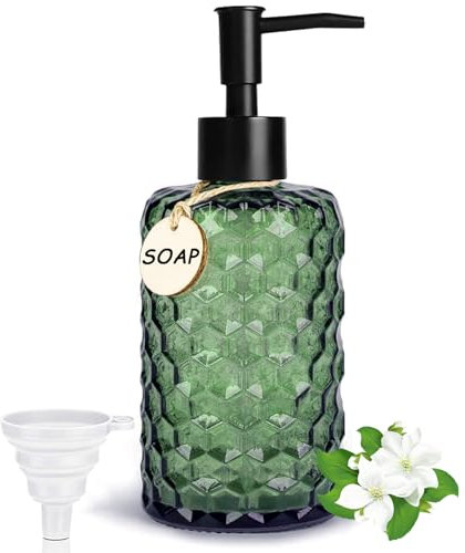 500ml Seifenspender Glas Soap Dispenser für Bad, Wabendesign Spülmittelspender für Küche, Moderne Pumpspender mit Hölzerne Etiketten, Schwarz Kunststoffpumpe und Trichter, Flüssigseifenspender (Grün)