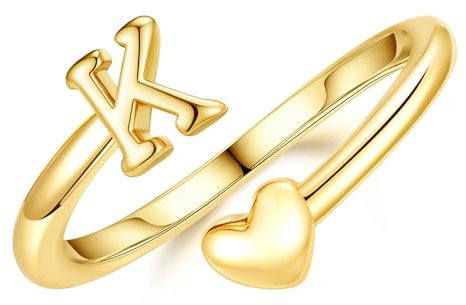 TINGN Ring Gold Damen Mädchen - 14K Gold Vergoldet Wasserfest Herz Ringe mit Buchstaben Stapelring Stapelbar Promise Daumenring Statement Goldring Geschenke für Frauen Freundin Mädchen Schmuck