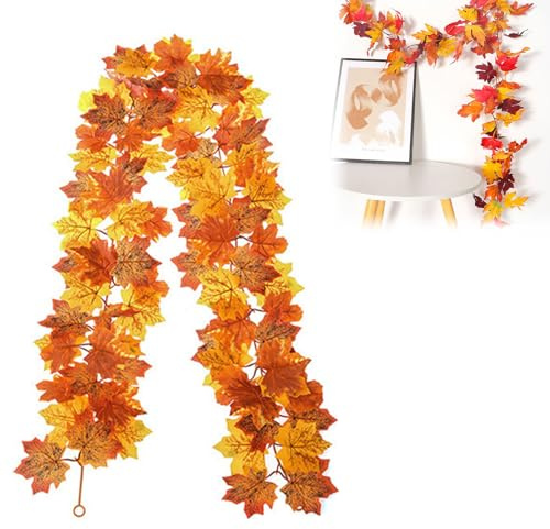Herbstgirlande, Künstliche Ahornblatt Girlande, Herbst Girlande Ahornblätter, Herbstdekorationen, Für Hochzeit, Erntedankfest, Abendessen, Kamin, Balkon, Korridor, Hintergrund Und Garten