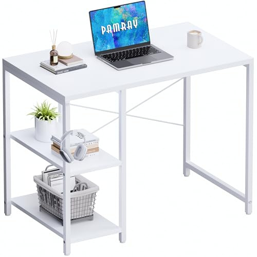PAMRAY 80 cm Kleiner Computertisch mit Regalen, Home Office Schreibtisch mit Kopfhörer-Haken für Schlafzimmer, Schreib-PC-Tisch für kleine Räume, Weiß