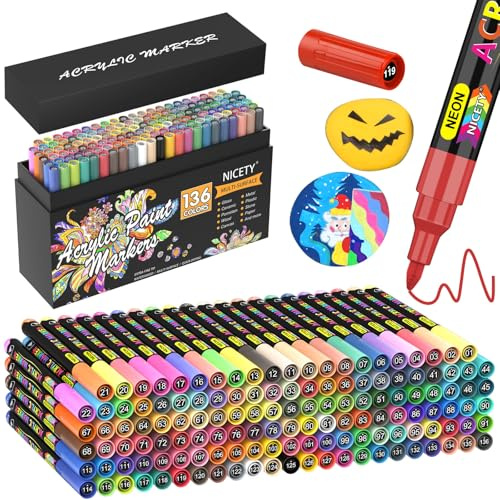 NICETY 136 rotuladores acrílicos impermeables para piedra – Marcadores acrílicos brush de 0,7 mm para madera, vidrio, cerámica, papel y lienzo – Rotuladores acrylic con tapas numeradas
