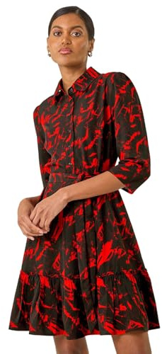 Roman Originals Shirt Dress for Women UK- Ladies Long Sleeve Belted Collared Midi Maxi Winter Autumn Smart Casual Button Through Evening Office A Line Swing Skater - Red Noir - Size 14