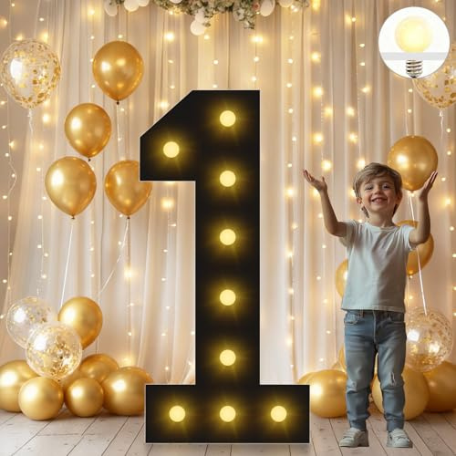 Vimlits Large 4FT Light Up Numbers Birthday Decoration, Black Marquee Number Sign for 1st Party Anniversary Backdrop Wedding Baby Shower Big Mosaic Number Frame Foam Cardboard Pre-cut Number 1