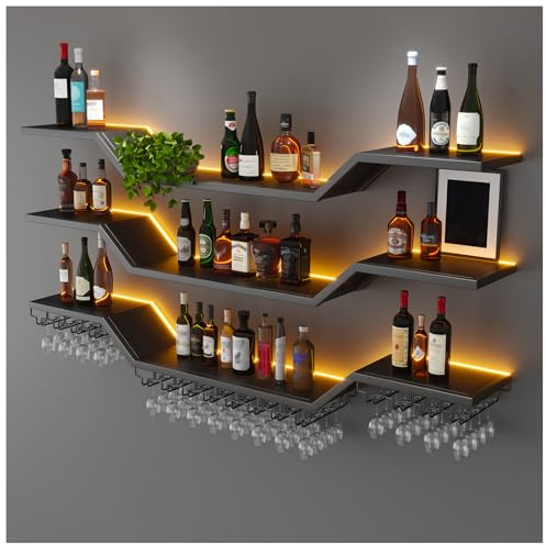 TAUODUYY 100cm Modern LED Wine Rack Wall Mounted, 3-Tier Floating Bar Shelves with Wine Glass Rack, Large Hanging Liquor Shelf Wall Mounted, for Home Bar Dining Room Cafe Decorative (100cm)