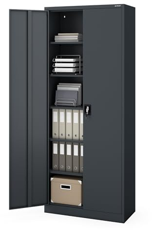 Jan Nowak Aktenschrank Büroschrank Metall hoch, abschließbar, 220x90x40 cm | Dokumentenschrank, Werkstattschrank, Ordnerschrank mit 5 Fachböden je 60 kg, abschließbar, Wandmontage, 220x90x40 cm