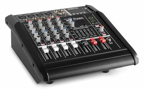 VONYX AM5A Mezclador de 5 canales con amplificador incorporado,DSPde efectos, Bluetooth para transmitir audio inalámbricamente, puerto SD y USB para MP3, amplificador interno de 500W x 2 a 8 ohmios