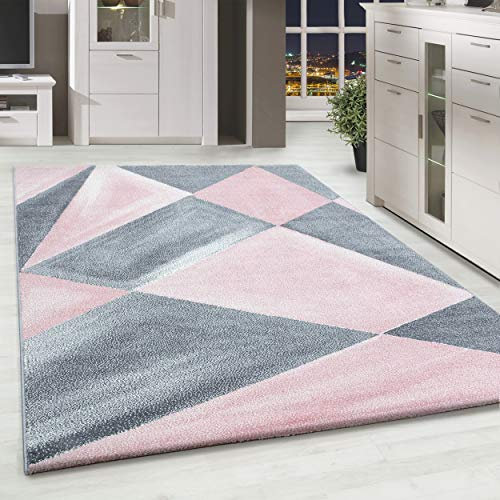 HomebyHome Teppich Wohnzimmer 120x170 cm Rosa Geometrisch Abstrakt Design - Schlafzimmer Teppich Kurzflor Extra Weich Pflegeleicht Teppiche für Küche Esszimmer Jugendzimmer Kinderzimmer