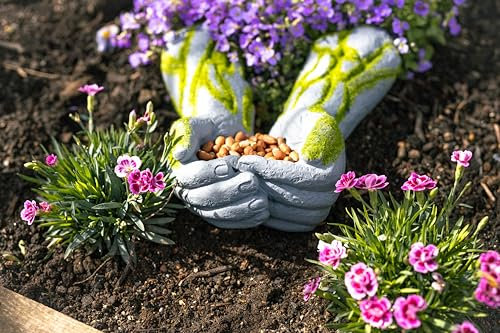 Garden Mile Open Hands Bird Feeder Seed Peanut - Resin Ornament Feeding Station, Heavy Duty Tree Mounted Rustic Grass Cupped Hands Sculpture for Outdoor Sculpture - Ideal Gardening Gifts