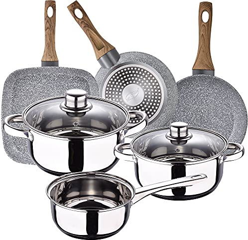 Bateria de cocina SAN IGNACIO Cassel, acero inoxidable, con juego sartenes (18/22 cm) y grill 28x28 cm SAN IGNACIO Daimiel en aluminio forjado