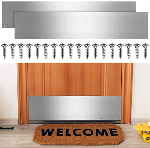Dunzy Metall-Trittblech für die Unterseite der Tür, Aluminium-Trittplatten mit Schrauben für Holz, Metalltür, Innen- und Außenbereich, kratzfest, 20,3 x 91,4 cm, Silber, 2 Stück