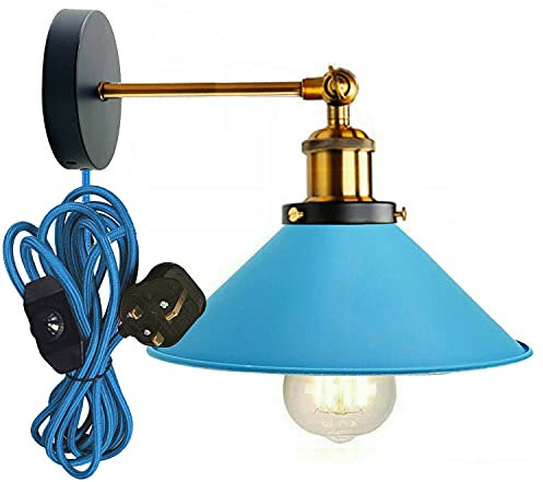 LEDSone Industrial Plug in Blue Wall Light Fixture, Vintage 2m Fabric Cable 3 Pin with Dimmer Switch Wall Mounted Sconce Adjustable Arm 180º E27 Base Antique Retro Metal 22cm Shade (Blue, with Bulb)