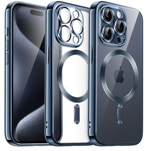 JETech Weiche Klar Hülle für iPhone 15 Pro 6,1 Zoll, Kameraschutz Vollständiger, Kompatibel mit MagSafe Kabellosem Laden, Stoßfest Elektroplattiert TPU Handyhülle (Blau)