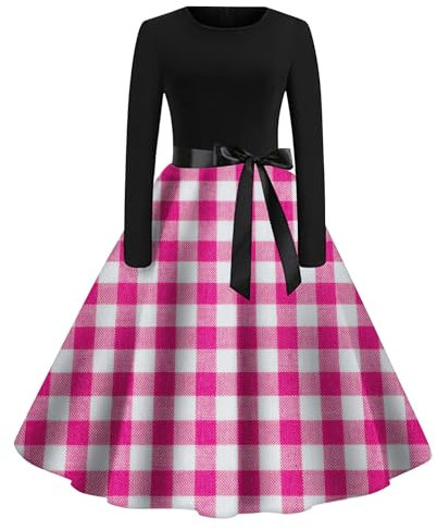 Abito da donna, a quadretti, a righe, alla moda, a maniche lunghe, girocollo, per l'autunno, per il tempo libero, per feste, Natale, carnevale, Halloween, abito da festa, slim fit, con cintura, Rosa