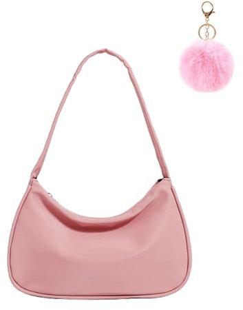Umhängetasche Damen Leder Handtasche, 90s Women's Shoulder Bag, Mini Schultertasche mit Pom-Pom-Schlüsselanhänger, Tasche Kleine y2k Fashion Handtaschen für Frauen (Rosa)