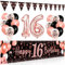 Bluelves Deko 16. Geburtstag Mädchen, Luftballon 16 Geburtstag Mädchen, Schwarz Roségold Extra Lange Happy Birthday Banner (210 x 40cm) + Girlande Wimpel + Schwarz Rosegold Konfetti Luftballons