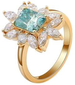Wycian Blumen Ring Damen, Diamant Ring Für Frauen 9 Karat Gelbgold Größe 57 (18.1) 1 Aquamarin 1Ct Radiantschliff Blau Npassbar Für Vatertag