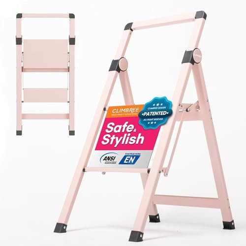 2 Step Ladder in Whisper Pink; Collapsible Step Stool with Handle - Foldable, Lightweight and Portable; 225lbs Heavy Duty Aluminum Step Stool Ladder for Home + Office; Folding Kitchen Step Stool