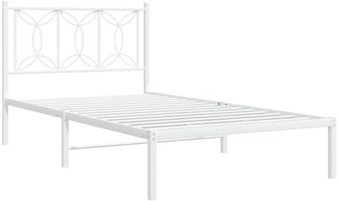 vidaXL Bettgestell, Bett mit Kopfteil, Bettrahmen mit Lattenrost Mittelfüßen, Metallbett Einzelbett für Schlafzimmer, Metall Weiß 100x200cm