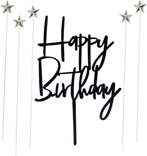 Happy Birthday Tortendeko, Schwarz Cake Topper und 5 Stück Silber Sterne Kuchendeko, Kuchen Topper für Babyparty Jubiläen Geburtstag Party Dekoration