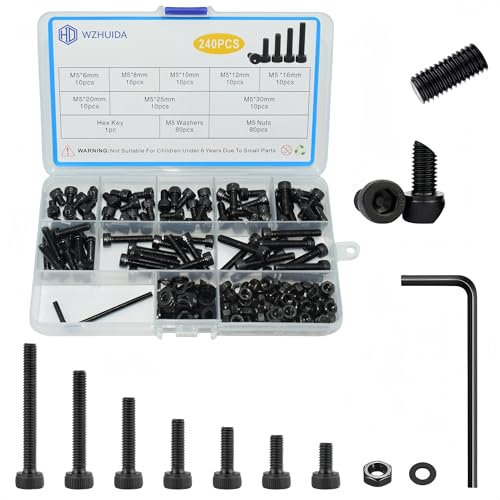 WZHUIDA 240 Stück M5 Schrauben Set, Schwarz Metrisch Zylinderkopfschrauben Innensechskant Schrauben Muttern und Unterlegscheiben Sortiment Set, Gewindemaschinen Sechskantschrauben