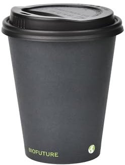 BIOFUTURE Biodegradable Coffee Cups – 50 x 6oz – 16oz (170ml – 450ml) Disposable Paper Cups with Lids – Eco-Friendly and 100% Compostable – Ideal for Tea, Coffee, and Hot Drinks (Black, 8oz)