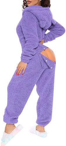 Bauzuoyo Set pigiama da donna Natale sexy in pile, tuta da casa in flanella, con cappuccio, tuta da donna con patta sul fondo, pigiama intero in peluche Onesie San Valentino, Lilla, M
