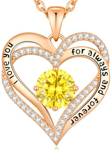 Collier Femme Coeur Collier Pendentif Pierre de Naissance pour Bijoux Cadeau Fête des NoëL Anniversaire Graduation Maman Fête des Mères (Cuivre, Or Rose 11)