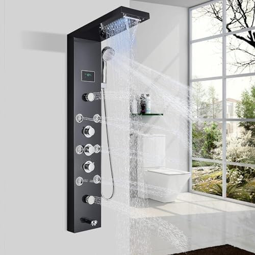 JNTFNE Modern Shower Panel Tower with Thermostatic System LCD Temperature Display LED Light Handheld Shower Body Jets Waterfall Rainfall 5 Function Bathroom Shower Column
