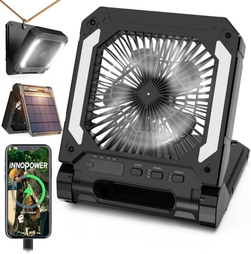 20000mAh Rechargeable Solar Camping Fan with LED Flashlight, 3 Speed Wireless Battery Powered Portable Fan with PowerBank, Timer and Hanging Hook,