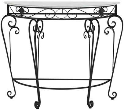 Table console en demi-lune avec pieds en métal et dessus en faux marbre pour entrée, salon et couloir, petits espaces (noir, 60 x 30 x 70 cm)