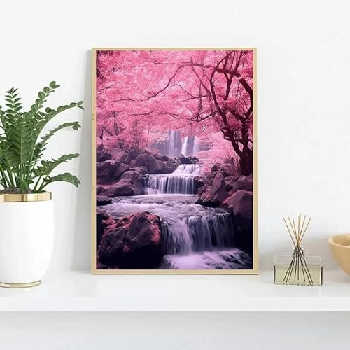 Natürliche Landschaft Sakura Bäume Wasserfall Print Poster Kirschblüte Fluss Wand Kunst Bild Leinwand Malerei Wohnzimmer Dekor 40x50cm ohne Rahmen
