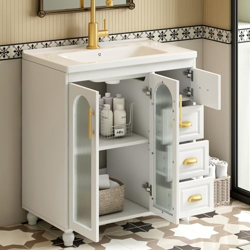 PUGSDRLY Meuble sous Lavabo,Meuble Salle de Bain avec Lavabo en Céramique,3 Tiroirs Silencieux,2 Portes Vitrées,étagère,Armoire de Rangement,Commode,80x47x90