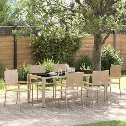 Ensemble de Salle à Manger Jardin 7 Pièces en Polyrotin Beige, Table et 6 Chaises avec Accoudoirs Bois Acacia Verre Trempé, Mobilier Extérieur Moderne pour Terrasse Durable Facile à Entretenir