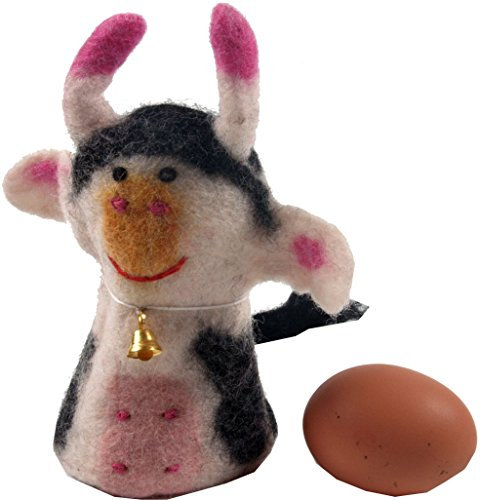 GURU SHOP Filz Eierwärmer, Handgemachte Filzdekoration aus Nepal, Filztier - Kuh, Weiß, 17x7x7 cm, Küchenaccessoires, Sonstiges